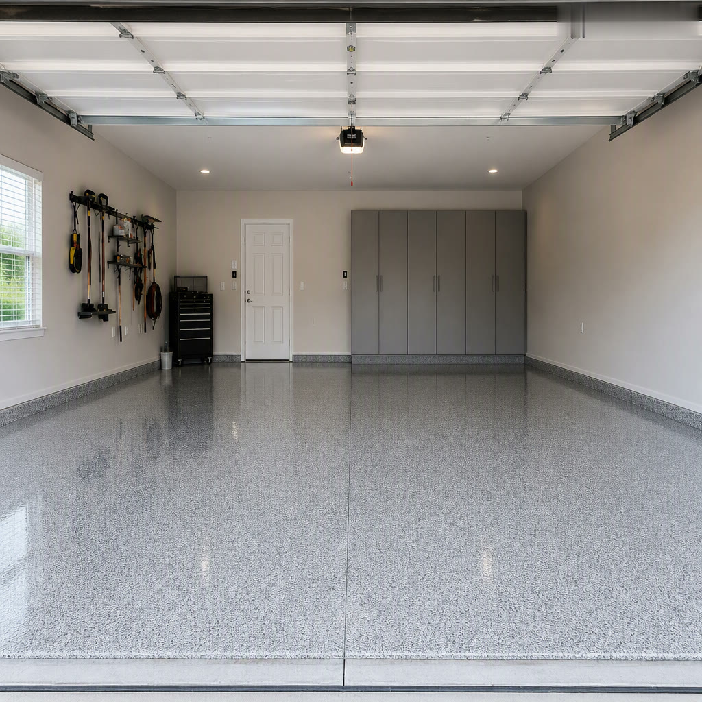Garage after Zelman Epoxy Systems epoxy flake floor coating